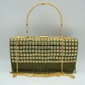 Green Crystal Embellished Evening Clutch with Gold Chain